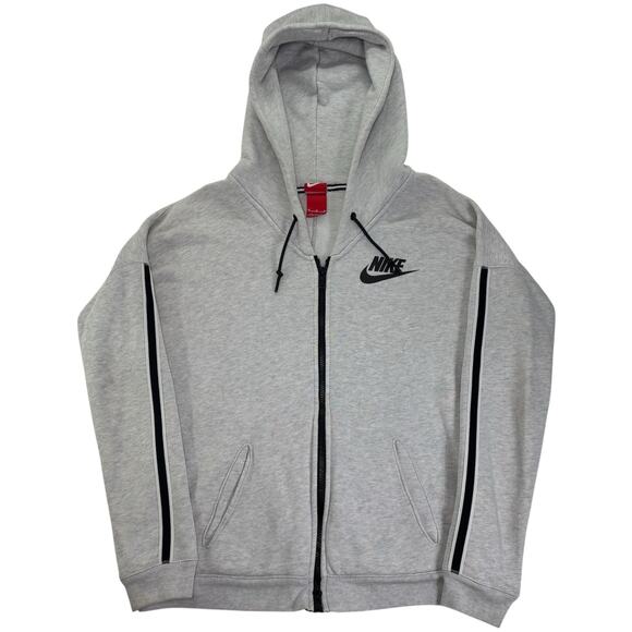 Nike Mens Medium Grey Hoodie Black Line Nike Swoosh Full Zip Pullover Sweatshirt - Picture 1 of 9